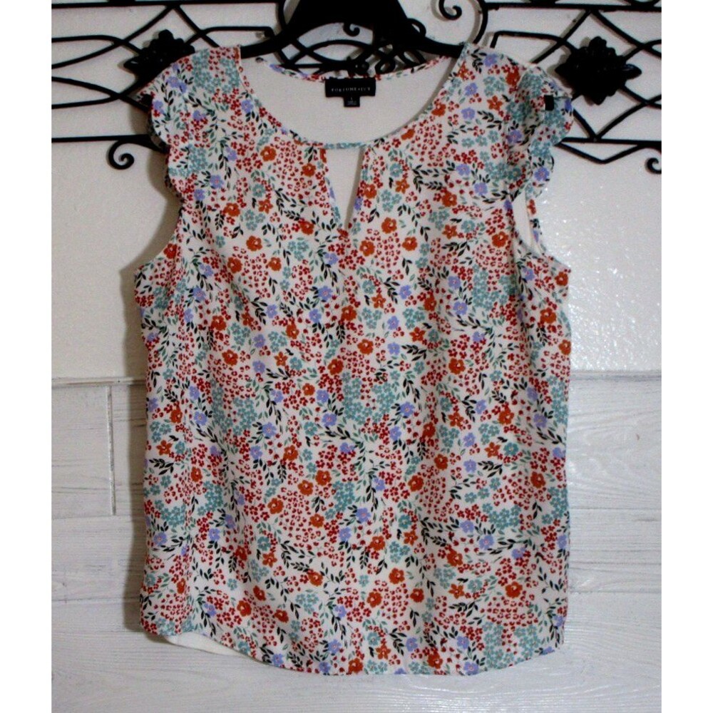 Fortune & Ivy Top Women's Size L Short Sleeve Multicolored Floral V Neck